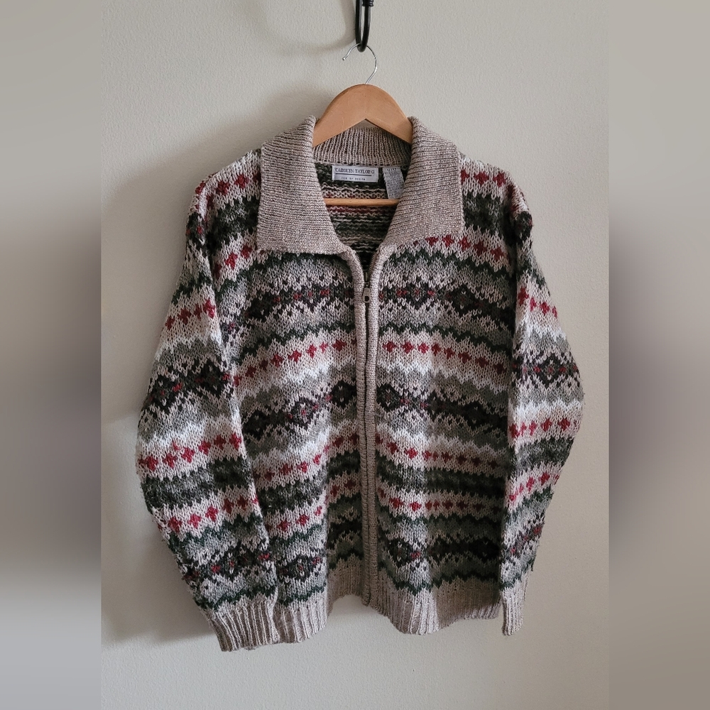 Vtg Carolyn Taylor Wool Blend Cardigan Sweater, Women's XL, Cream, Green & Red